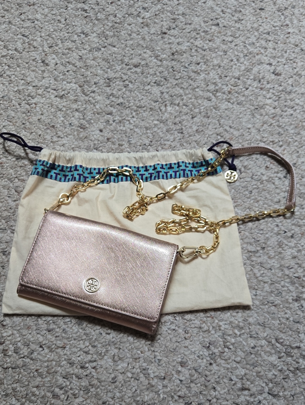 Tory Burch Metallic Rose Gold Chain Crossbody Wallet